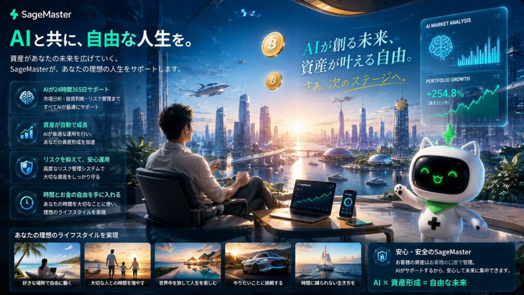 AIを活用して自由な人生と資産形成を実現した未来を描いたビジュアル。未来都市を背景に、ビットコインやAI分析データが表示される中、リラックスしながら資産運用を行う人物と、SageMaster（セージマスター）のマスコットキャラクターが配置され、時間や場所に縛られない次世代のライフスタイルを高級感と希望感で表現した16:9イメージ。