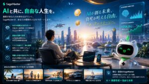 AIを活用して自由な人生と資産形成を実現した未来を描いたビジュアル。未来都市を背景に、ビットコインやAI分析データが表示される中、リラックスしながら資産運用を行う人物と、SageMaster（セージマスター）のマスコットキャラクターが配置され、時間や場所に縛られない次世代のライフスタイルを高級感と希望感で表現した16:9イメージ。