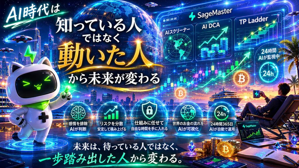 未来都市と海辺のラグジュアリー空間の中で、SageMaster セージマスターのマスコットがAIによる資産運用をサポートしている近未来的ビジュアル。AIスクリーナーやAI DCA、TP Ladderなどの機能がホログラム表示され、AIが24時間市場を監視しながら、人間は自由な時間と豊かなライフスタイルを手に入れる新時代の資産形成を表現した画像