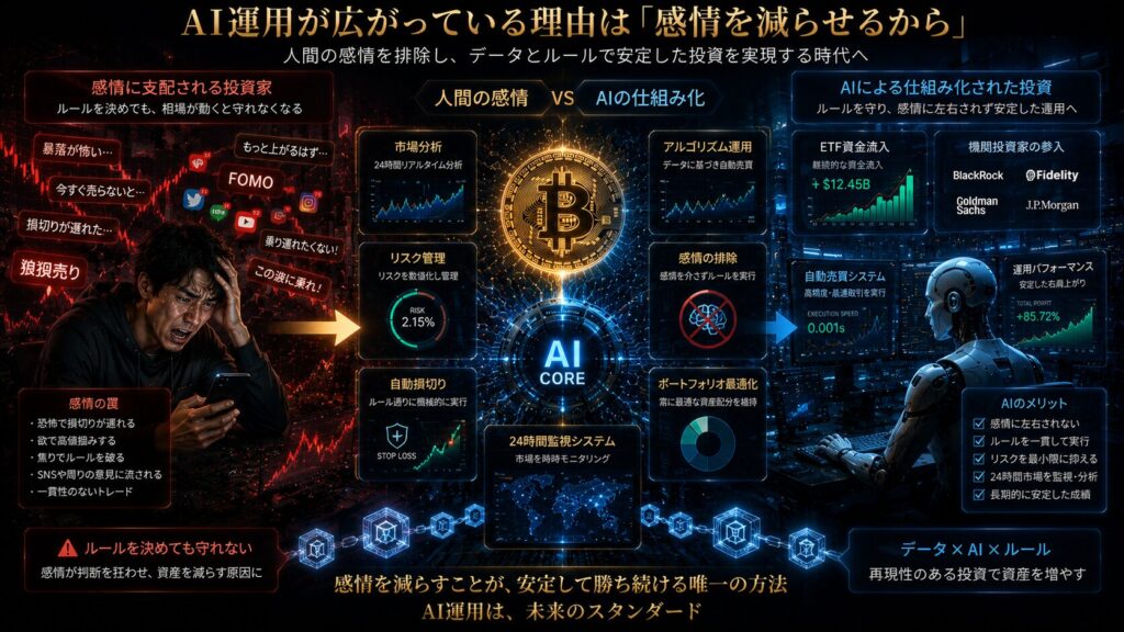 AI運用が「感情を減らせる」ことで急速に広がっている様子を描いた未来的金融ビジュアル。左側には、暴落や急騰によって不安・焦り・FOMOに支配され、ルールを守れなくなる個人投資家が描かれている。中央にはビットコインと巨大AIコアが配置され、AI市場分析、自動損切り、リスク管理、24時間監視システムが連動している構図。右側には、AIが感情なしで市場をリアルタイム分析し、ルール通りに自動運用を続ける未来的金融システムが描かれている。ETF資金流入、巨大金融機関、アルゴリズム運用、ブロックチェーンネットワークを背景に、「感情」ではなく「仕組み」で運用する時代への変化を、青・ブラック・ゴールド基調の高級感ある16:9シネマティックデザインで表現したイメージ。