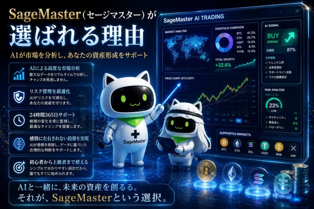 SageMaster(セージマスター)のAIトレードシステムが市場データを分析し、暗号資産の資産形成を支援しているイメージ。AIスクリーナー、リスク管理、ポートフォリオ分析を活用しながら、感情に左右されない仕組み化された投資を表現した未来的な金融ビジュアル。