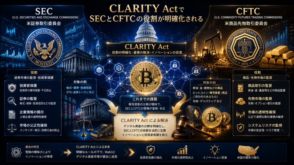 CLARITY ActによってSEC（米証券取引委員会）とCFTC（米商品先物取引委員会）の役割が明確化されていく様子を描いた未来的金融インフォグラフィック。左側には株式市場や投資家保護を監督するSEC、右側には原油・金・ビットコインなど商品市場や先物取引を監督するCFTCが配置され、中央にはビットコインとブロックチェーンネットワークが描かれている。アメリカ議会、法律文書、金融データ、AI分析画面を背景に、暗号資産市場の制度整備と次世代金融インフラ化を青とゴールド基調で高級感ある16:9デザインとして表現したイメージ。