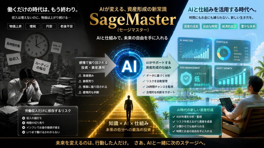 AI時代の資産形成と金融革命をテーマにした近未来的ビジュアル。中央には発光する巨大なAIコアを配置し、世界中の金融市場やデータネットワークが接続されている様子を表現。背景にはニューヨーク、ドバイ、東京など世界都市の金融街が広がり、株価チャート、暗号資産チャート、AI分析画面、リスク管理データを融合した未来的な金融空間を描写している。左側には、物価上昇や将来不安の中で疲弊しながら働く人々を配置し、「労働だけの時代」を表現。右側には、AIと仕組みを活用しながら自由な時間と資産形成を実現する人物を描き、「AIを活用する時代」への変化を象徴している。黒・ゴールド・ネオングリーンを基調に、高級感・知性・未来感・時代の転換点を印象づける16:9デザイン。