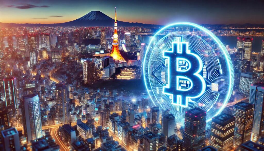日本国債のオンチェーン化と日本の金融インフラがブロックチェーンへ移行する未来を表現した画像