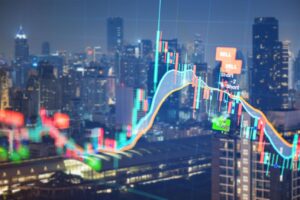 大量のニュースや金融データに囲まれた投資家と、AIが膨大な情報を整理している様子を比較したイメージ