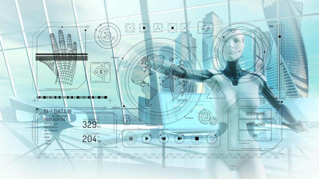 AIが世界中の金融データをリアルタイムで解析している未来の金融システムを表現した画像