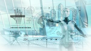 AIが世界中の金融データをリアルタイムで解析している未来の金融システムを表現した画像