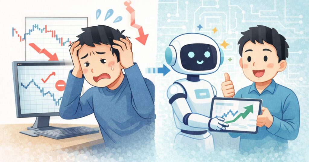 感情に左右される人間と、ルールに従って動くAIの違いを表現したイメージ