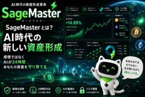 SageMasterのAIトレード機能と近未来的な資産形成を表現したアイキャッチ画像。AIスクリーナーやAIグリッド機能、暗号資産チャート、未来的な金融UIとSageMasterマスコットを組み合わせ、AIが24時間資産形成を支援する世界観を視覚的に表現している。