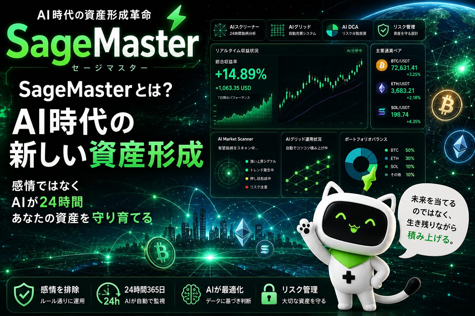 SageMasterのAIトレード機能と近未来的な資産形成を表現したアイキャッチ画像。AIスクリーナーやAIグリッド機能、暗号資産チャート、未来的な金融UIとSageMasterマスコットを組み合わせ、AIが24時間資産形成を支援する世界観を視覚的に表現している。
