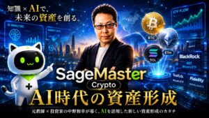 元中学校教師で投資家の中野和幸が、SageMaster Cryptoを活用したAI時代の資産形成を解説するイメージ。ビットコインETF、イーサリアム、ソラナ、AI分析、世界的な資金流入を背景に、暗号資産市場の未来とAI活用による資産形成を表現。