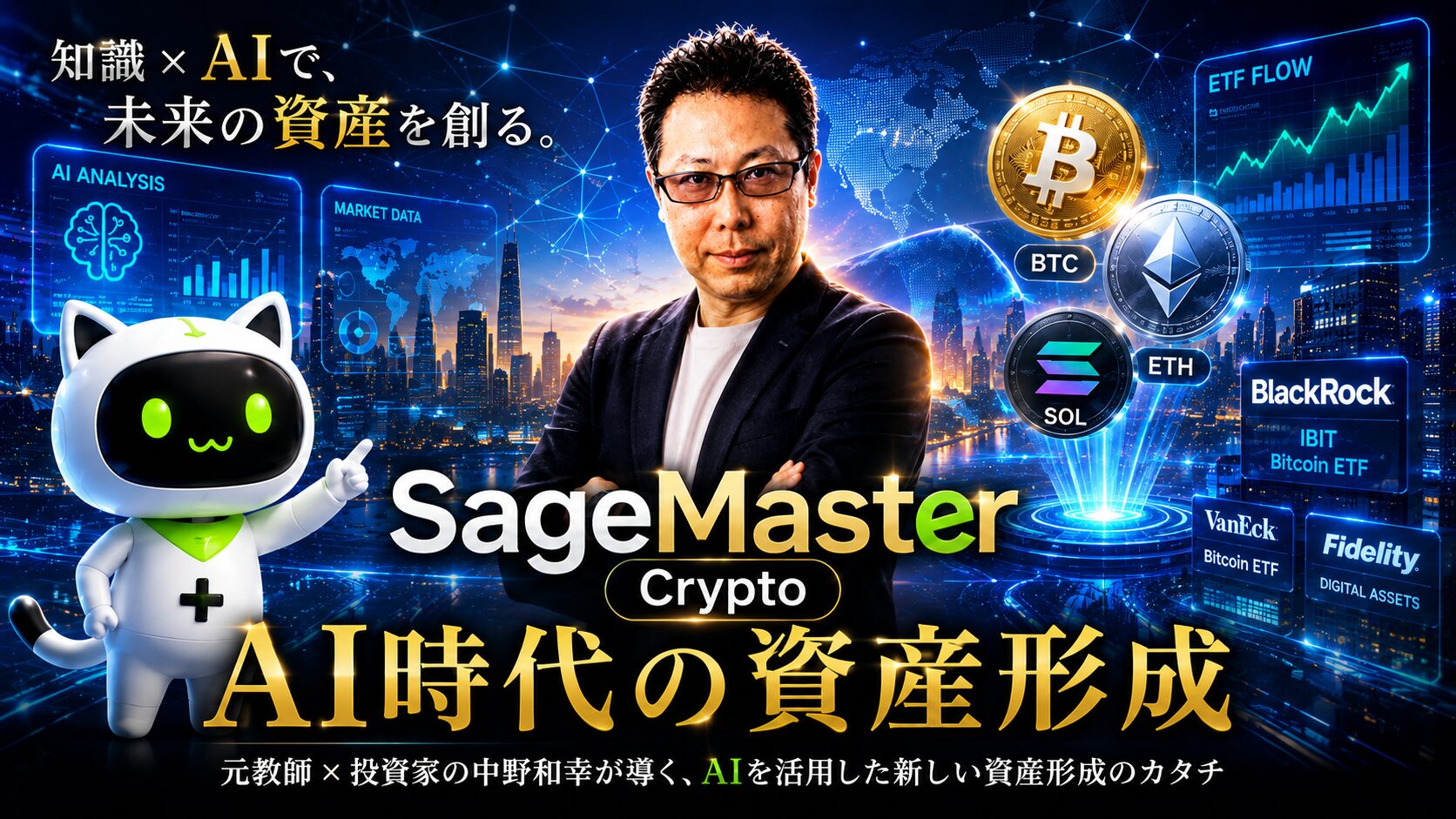 元中学校教師で投資家の中野和幸が、SageMaster Cryptoを活用したAI時代の資産形成を解説するイメージ。ビットコインETF、イーサリアム、ソラナ、AI分析、世界的な資金流入を背景に、暗号資産市場の未来とAI活用による資産形成を表現。
