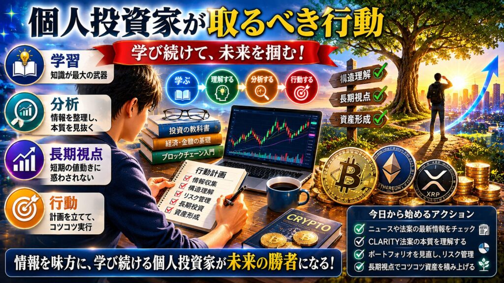 個人投資家が学び続けながら資産形成を進める様子を表現した画像。構造理解と長期視点の重要性を解説。