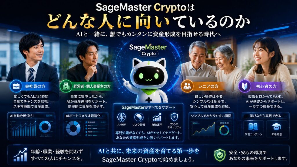 SageMaster Cryptoが会社員、経営者、個人事業主、シニア世代、投資初心者など幅広い層に活用されているイメージ。AI分析、自動運用、リスク管理、資産形成教育を通じて、誰でも学びながらAI時代の資産形成に取り組める環境を表現している。