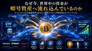 世界中の資金がビットコインETF承認を契機に暗号資産市場へ流入する様子を表現したイメージ。ビットコイン、イーサリアム、ソラナ、大手金融機関、ETF資金流入、世界的な資金移動を視覚的に解説する画像。