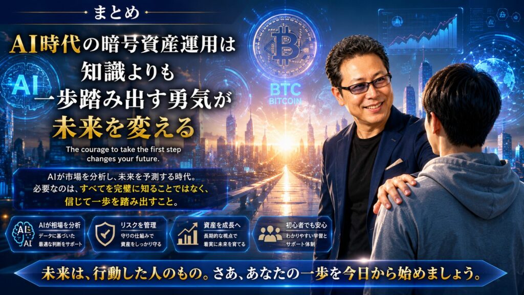 AI時代の暗号資産運用と資産形成の未来を表現したイメージ。中野和幸が初心者の背中を押し、ビットコイン(BTC)、AI分析、未来都市を背景に、一歩踏み出す勇気が人生を変えることを象徴している。