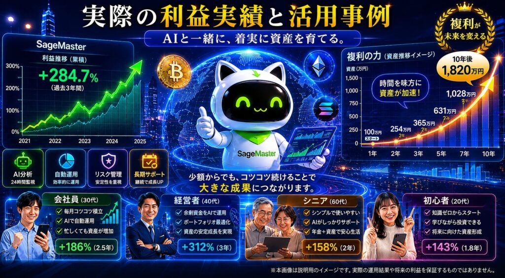 SageMaster Cryptoの利益実績と活用事例を紹介するイメージ。AI分析による暗号資産運用、利益推移グラフ、複利運用シミュレーション、長期資産形成の考え方を視覚的に表現し、AI時代の資産形成の可能性を解説している。