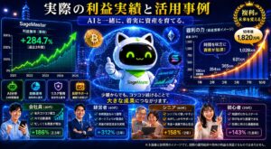 SageMaster Cryptoの利益実績と活用事例を紹介するイメージ。AI分析による暗号資産運用、利益推移グラフ、複利運用シミュレーション、長期資産形成の考え方を視覚的に表現し、AI時代の資産形成の可能性を解説している。