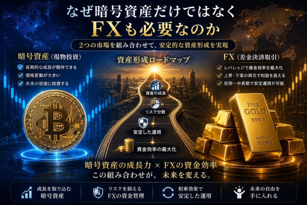 SageMaster FXの資産形成戦略を表現したイメージ。ビットコインなどの暗号資産現物投資とゴールドFXを組み合わせ、資産成長、リスク分散、資金管理、AI時代の投資手法を分かりやすく解説した画像。