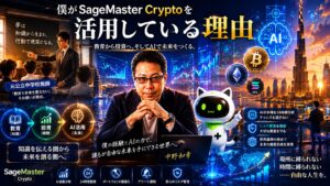 元中学校教師からFIREを実現した中野和幸が、SageMaster Cryptoを活用する理由を表現したイメージ。AI分析、暗号資産投資、ドバイ移住、資産形成教育をテーマに、AI時代の新しい生き方と可能性を描いている。