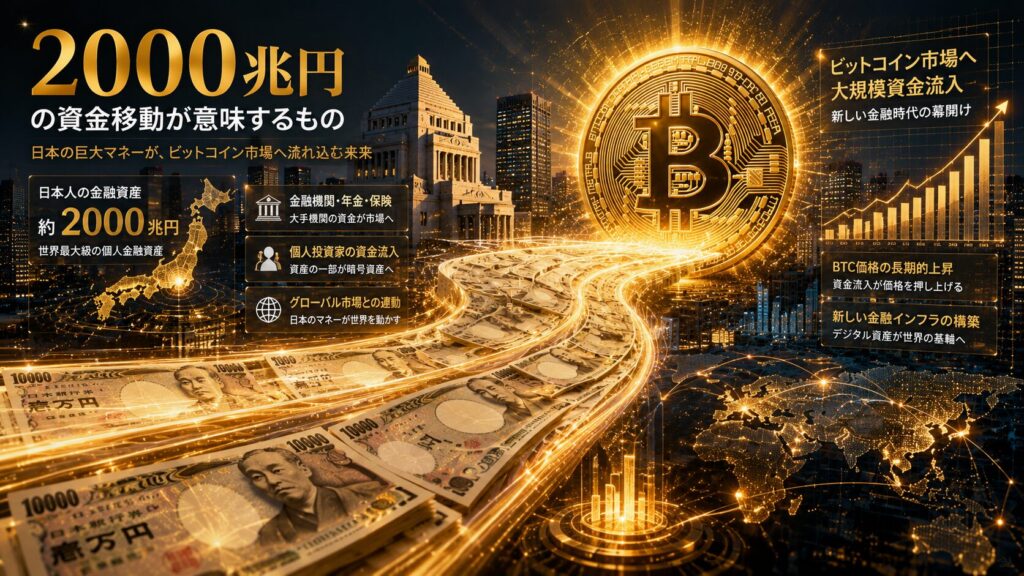 日本人の金融資産2000兆円とビットコイン市場への資金流入を表現したイメージ。暗号資産市場の成長と大規模な資金移動の可能性を象徴している。