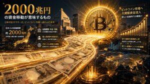 日本人の金融資産2000兆円とビットコイン市場への資金流入を表現したイメージ。暗号資産市場の成長と大規模な資金移動の可能性を象徴している。