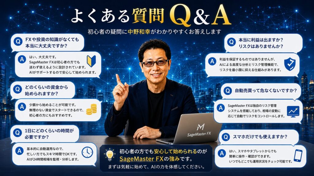SageMaster FXの初心者向けQ&Aを表現したイメージ画像。中野和幸が最低資金、リスク管理、AIトレード、自動運用の仕組みを分かりやすく解説し、FXによる資産形成とAI時代の投資教育を学べるコンテンツを表現したビジュアル。