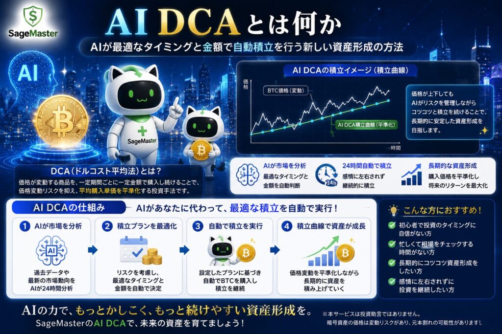 AI DCAによるビットコイン積立運用を表現したイメージ。AIが暗号資産市場を分析し、ドルコスト平均法を活用して継続的に積立投資を行いながら、長期的な資産形成を目指す仕組みを視覚的に解説している。