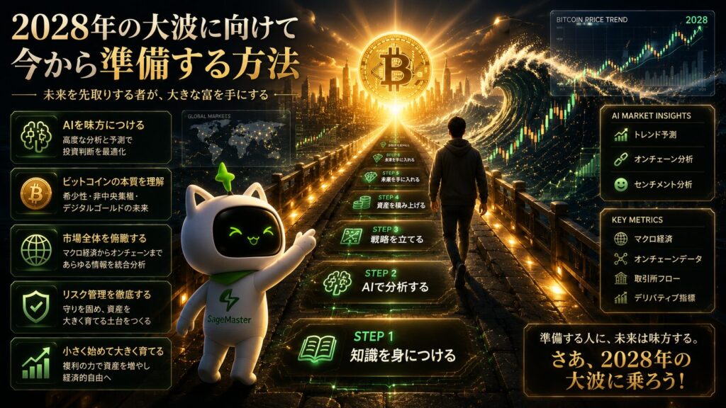 SageMaster（セージマスター）のマスコットが未来へ続く道を案内し、AI活用とビットコインを中心とした資産形成の準備を表現したイメージ。2028年の金融変化に向けた成長戦略と長期的な資産形成を象徴している。