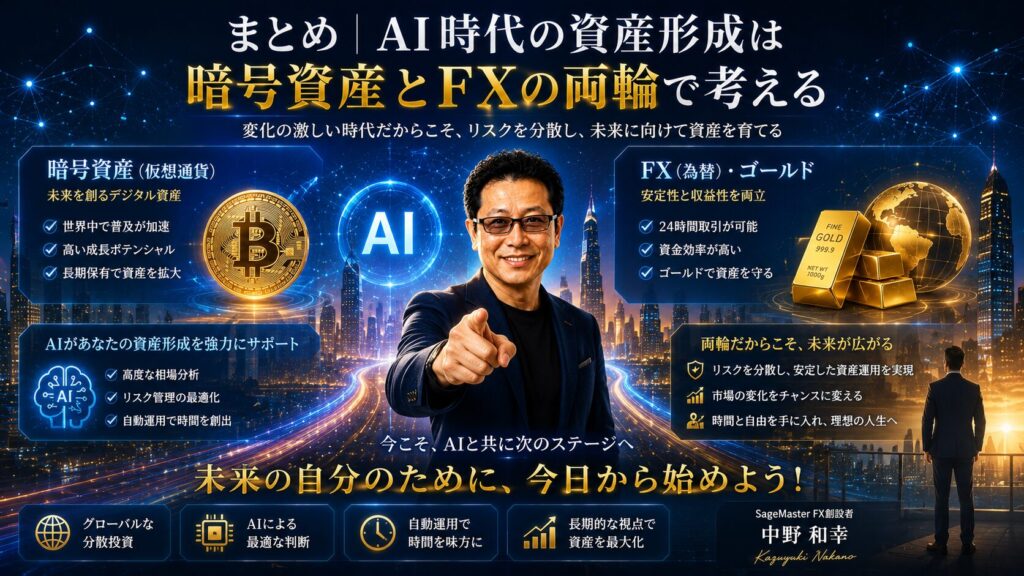中野和幸が解説するAI時代の資産形成イメージ画像。ビットコインなどの暗号資産現物投資とゴールドFXを組み合わせ、AI分析、自動運用、資金管理、リスク管理を活用しながら、SageMaster FXによる長期的な資産形成と未来の投資戦略を表現したビジュアル。