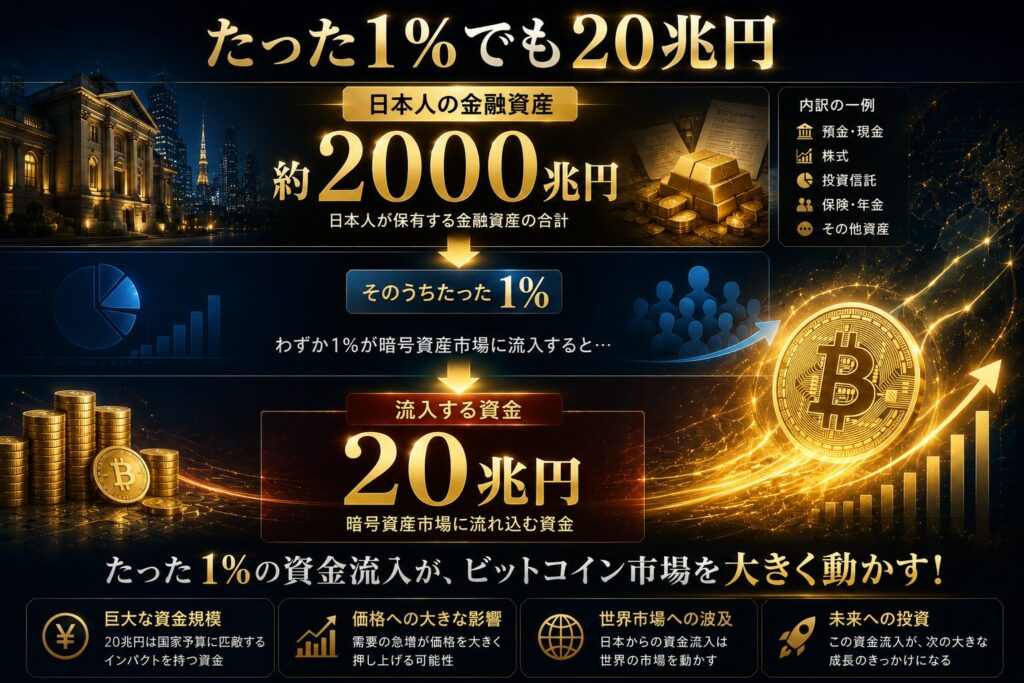 日本人の金融資産2000兆円のうち1％が暗号資産市場へ流入すると20兆円になることを示した図解。ビットコイン市場への巨大な資金流入と価格上昇の可能性を表現している。