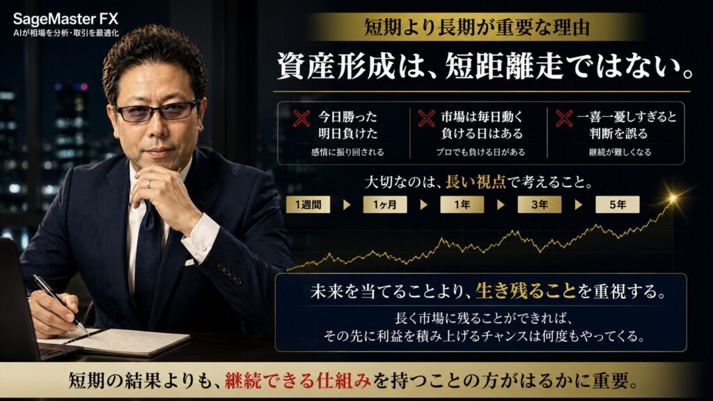 中野和幸が長期投資と資産形成の本質を解説するイメージ画像。短期売買ではなく一年、三年、五年という長期視点で市場と向き合い、SageMaster FXやAIトレードを活用しながら複利で資産を積み上げる考え方を表現した写真。