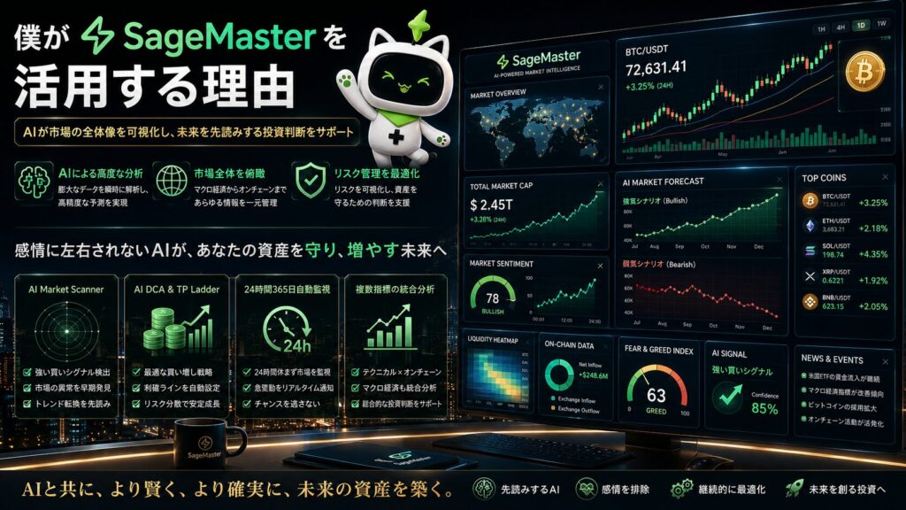 SageMaster（セージマスター）のAI市場分析システムを表現したイメージ。ビットコイン、暗号資産、AIスクリーナー、市場分析、資産形成、リスク管理を可視化した未来型投資環境を象徴している。