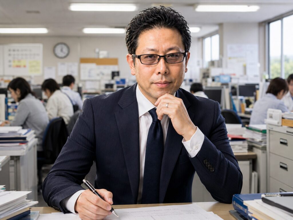元教師として18年間教育現場に立った中野和幸のイメージ画像。職員室で業務に向き合う教員時代を表現し、AI時代の資産形成やSageMaster FXとの出会いにつながるキャリアの原点を象徴した写真。