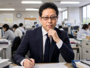 元教師として18年間教育現場に立った中野和幸のイメージ画像。職員室で業務に向き合う教員時代を表現し、AI時代の資産形成やSageMaster FXとの出会いにつながるキャリアの原点を象徴した写真。