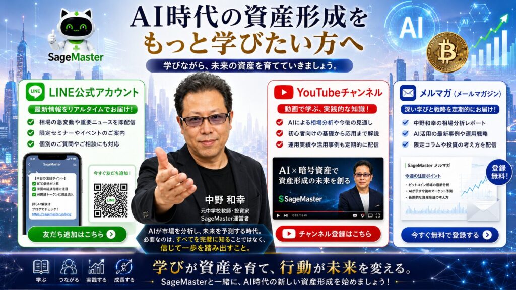 AI時代の資産形成を学びたい方向けに、中野和幸が運営するLINEオープンチャット、YouTubeチャンネル、無料メルマガを紹介するイメージ。SageMaster、AI活用、暗号資産市場、ビットコイン(BTC)、資産形成教育をテーマに、初心者から学べる環境を表現している。