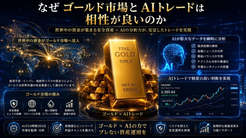 ゴールド市場とAIトレードの相性を解説するイメージ画像。世界中の資金が集まるゴールド市場をAIが分析し、FXトレード、資金管理、リスク管理、長期的な資産形成を支援するSageMaster FXの運用環境を表現したビジュアル。