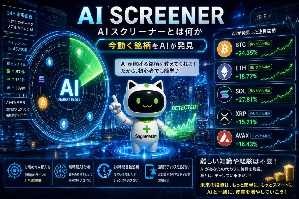 AIスクリーナーが暗号資産市場を分析し、BTC、ETH、SOL、XRP、AVAXなどの注目銘柄を抽出するイメージ。AIによる市場監視、銘柄選定、トレンド分析、売買チャンス発見を視覚的に表現した未来型レーダーシステム。