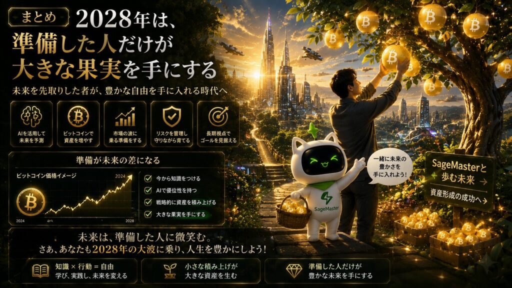 2028年のビットコイン市場に向けて準備した人が大きな成果を手にする様子を表現したイメージ。SageMaster（セージマスター）のAI活用と資産形成による長期的な成功を象徴している。