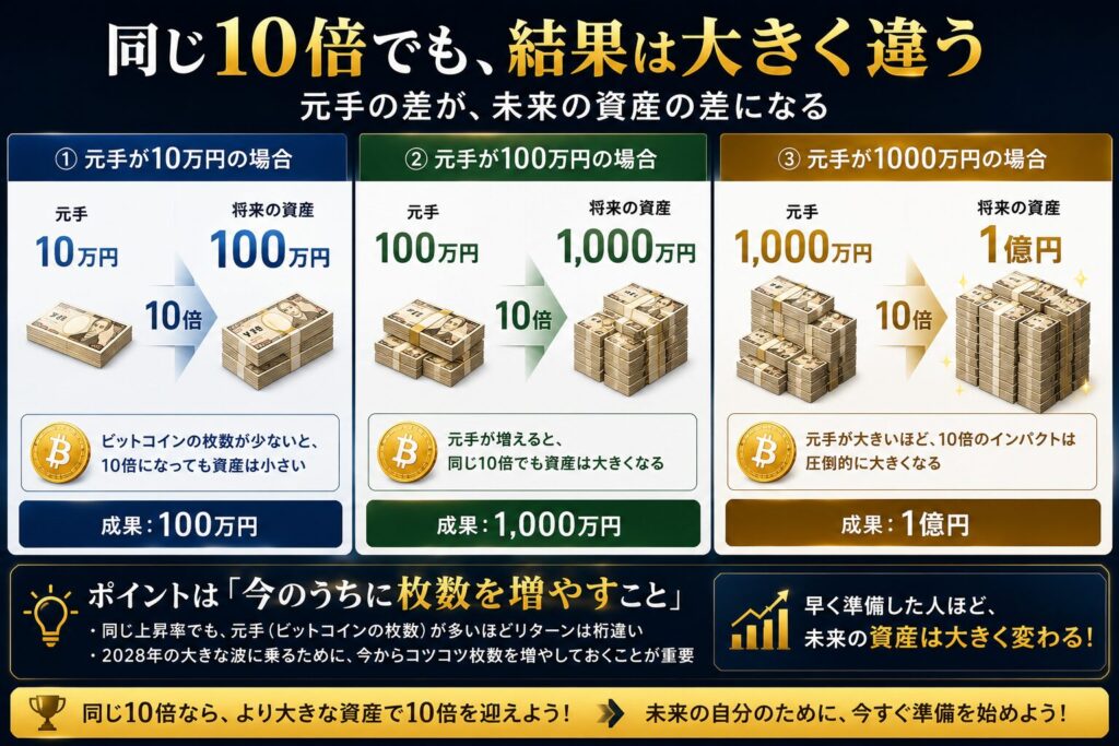 同じ10倍の値上がりでも元手によって結果が大きく変わることを表現した図解。ビットコインや暗号資産の枚数を増やしておくことが将来の資産形成に大きな差を生むことを示している。