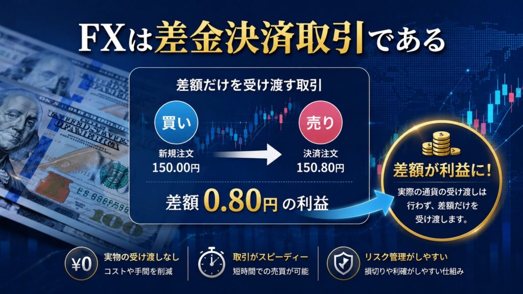 FXとは何かを初心者向けに解説する差金決済取引のイメージ画像。ドル紙幣、為替チャート、利益計算を視覚化し、少額資金で取引できるFXの特徴やレバレッジの仕組み、SageMaster FXによるAI資産形成の考え方を表現。