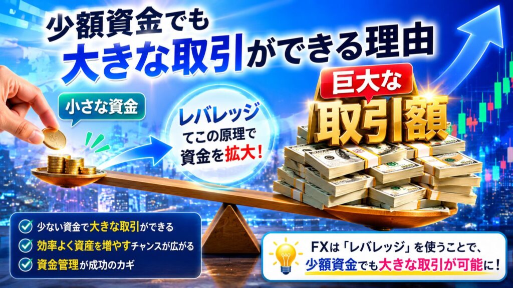 少額資金でも大きな取引が可能なFXのレバレッジ取引を解説したイメージ図。資金効率を高める仕組みや利益拡大の考え方を視覚化し、初心者向けのFX投資、ゴールド取引、SageMaster FXによるAIトレードと資産形成の可能性を表現した画像。