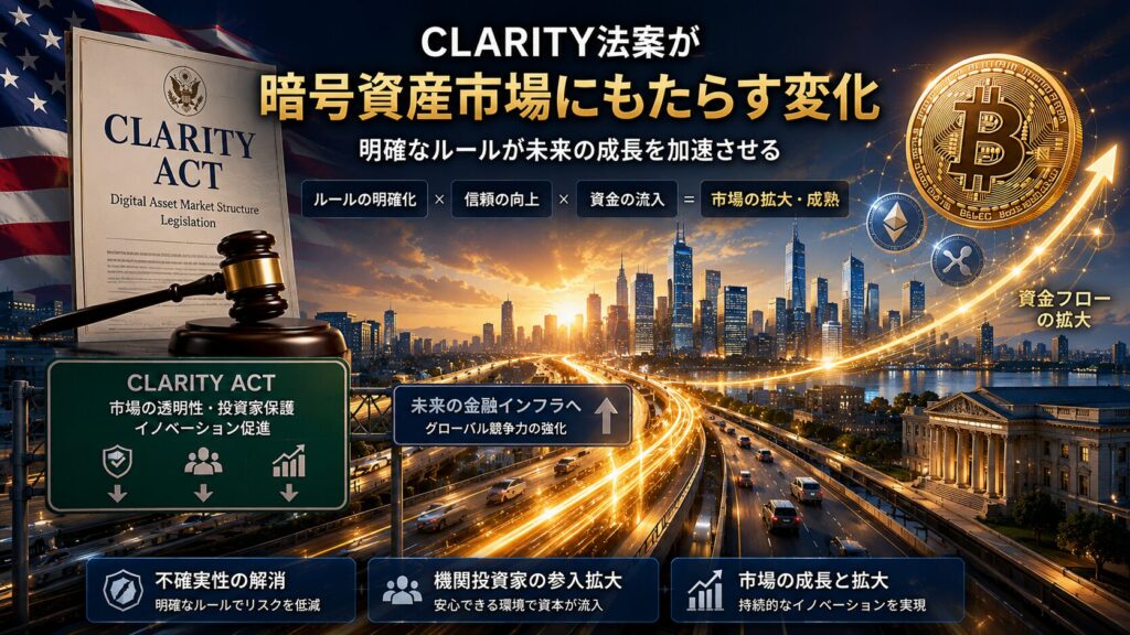 CLARITY法案による市場ルール整備と資金流入を表現した画像。不確実性の解消と市場成長を解説。