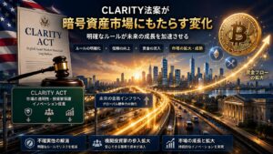 CLARITY法案による市場ルール整備と資金流入を表現した画像。不確実性の解消と市場成長を解説。