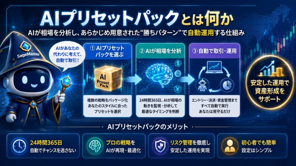 SageMaster FXのAIプリセットパック機能を解説するイメージ画像。AIによる相場分析、自動売買、リスク管理、資金管理の仕組みを表現し、初心者でも活用しやすいAIトレードと資産形成の考え方を視覚化した画像。