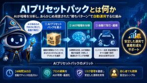 SageMaster FXのAIプリセットパック機能を解説するイメージ画像。AIによる相場分析、自動売買、リスク管理、資金管理の仕組みを表現し、初心者でも活用しやすいAIトレードと資産形成の考え方を視覚化した画像。