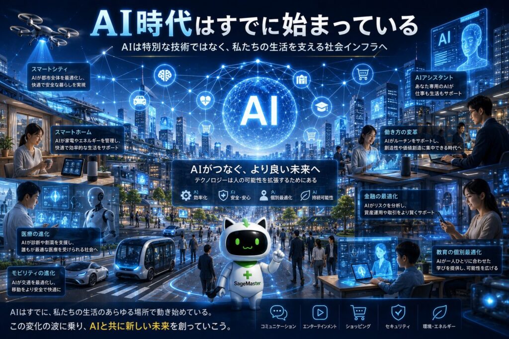 AI時代が本格的に到来した未来社会を表現したイメージ。AIネットワークが都市全体を支え、教育、医療、金融、仕事、資産形成などあらゆる分野でAIが活用される社会の姿を描いている。