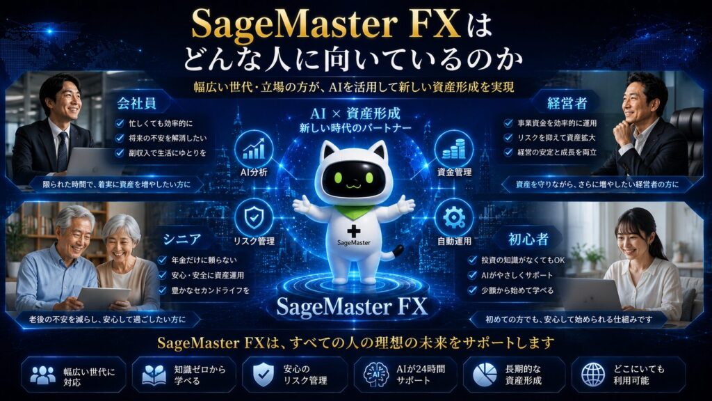 SageMaster FXを活用したAI時代の資産形成を表現したイメージ画像。会社員、経営者、初心者、シニア世代がAI分析、自動運用、資金管理、リスク管理を活用しながら長期的なFX資産運用を目指す様子を分かりやすく解説したビジュアル。