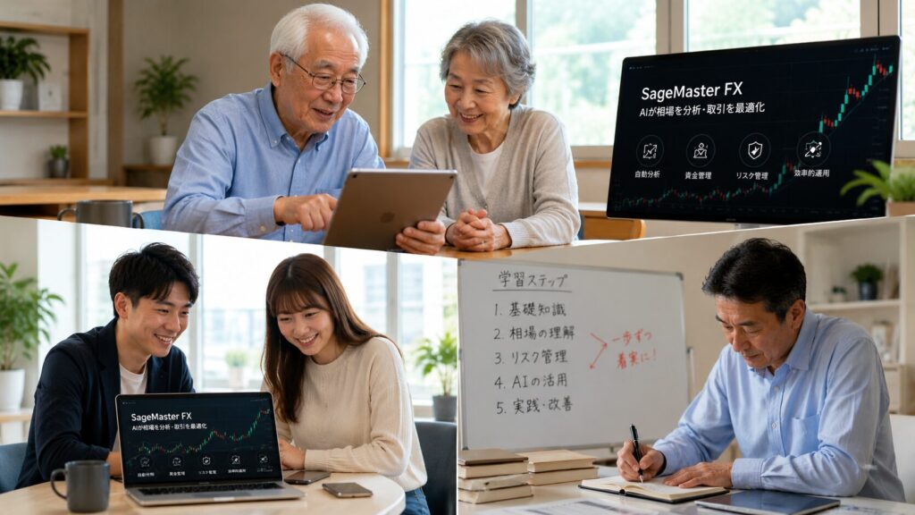 投資初心者やシニア世代がSageMaster FXを活用して学ぶイメージ画像。80代の高齢者から30代の若い男女までがAIトレードや資産形成を学び、年齢や経験に関係なく新しい知識を身につけながら将来の資産づくりに取り組む様子を表現した写真。