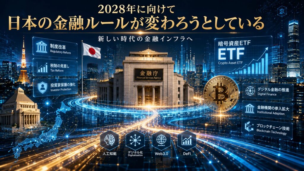 2028年に向けて変わる日本の金融ルールと暗号資産ETFを表現したイメージ。金融庁の制度改革、ビットコイン、デジタル金融、金融機関参入による暗号資産市場の変化を象徴している。
